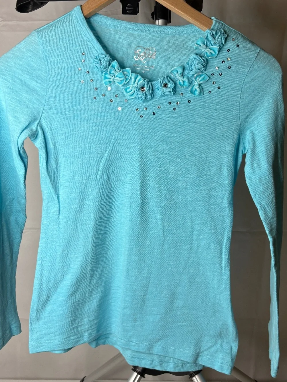 Vintage Justice Blue W/Bows/Flowers/Sequin Long Sleeve Shirt Size 10 Girl's EUC